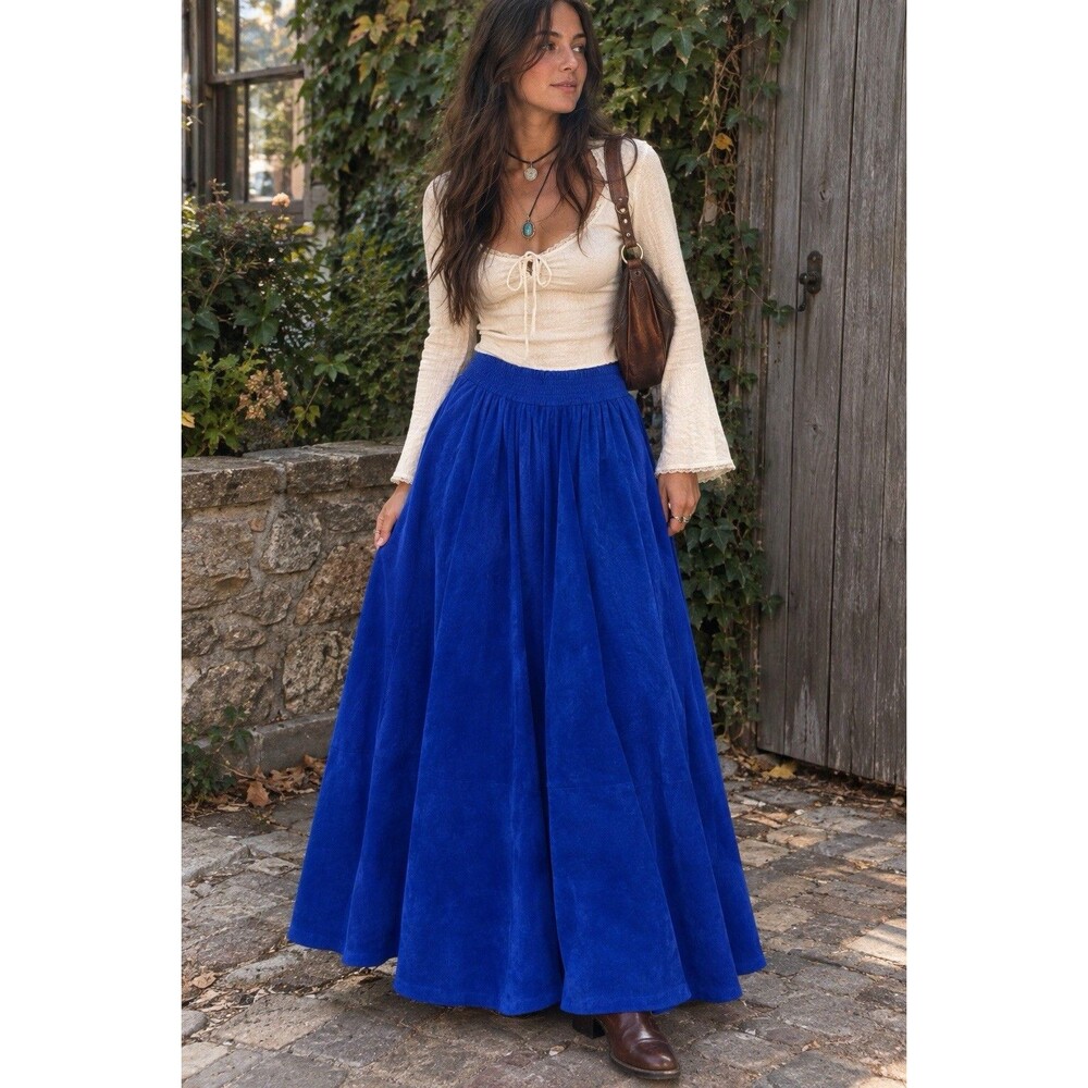 Vintage Wilsons Leather Royal Blue Suede A-Line Maxi Skirt High Waist Flared SM